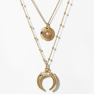 Collare in oro a strati scintillanti Set di 45 cm di zirconia Corno di moneta Colletto pendente