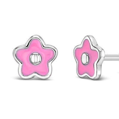 Orecchini a lobo a fiore in smalto rosa da 6 mm in argento sterling 925 con logo personalizzato e perizia di terzi per bambini