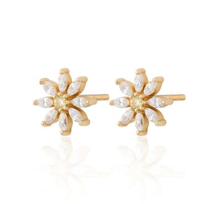 925 Sterling Silver 18K Gold Plated Flower Design Stud Earrings con taglio marchesino e impostazione di artigli