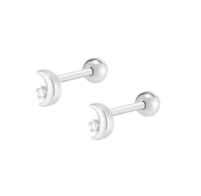 925 Sterling Silver Tiny CZ Moon Piercing Stud Orecchino con chiusura a vite a sfera