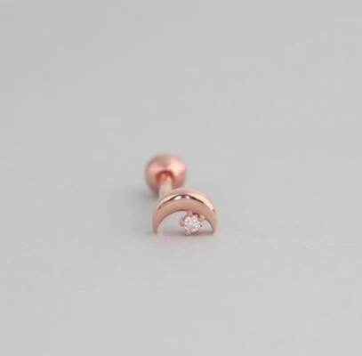 925 Sterling Silver Tiny CZ Moon Piercing Stud Orecchino con chiusura a vite a sfera