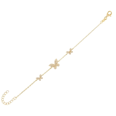 14K oro Triple Butterfly Chain Bracelet Chiaro CZ Silver Chain Bracelet 925