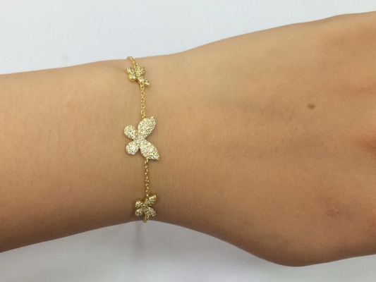 14K oro Triple Butterfly Chain Bracelet Chiaro CZ Silver Chain Bracelet 925