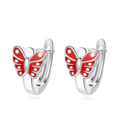 Farfalle rosso smalto Bambini Sterling argento orecchini per cerchioni Oro bianco placcato