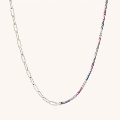 Bracciale tennis e collana con pendente a forma di collare con zirconi taglio rotondo arcobaleno in argento sterling 925