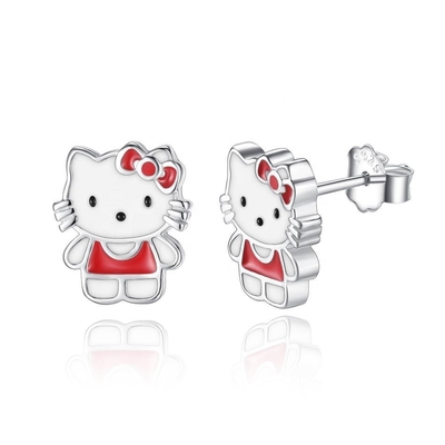 Kitty Childrens Orecchini in argento per cuccioli Bianco rosso nero Bianco nero Gioielli in smalto in argento 925