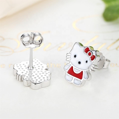 Kitty Childrens Orecchini in argento per cuccioli Bianco rosso nero Bianco nero Gioielli in smalto in argento 925