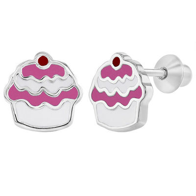 Orecchini per bambini in argento sterling 925 con smalto rosa Cupcake, a vite