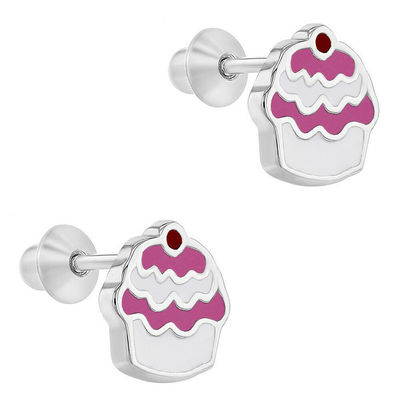 Orecchini per bambini in argento sterling 925 con smalto rosa Cupcake, a vite
