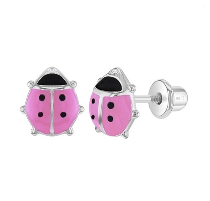 925 Sterling Silver 8mm Pink and Black Enamel Ladybug Stud Earrings for Baby Girls with Screw Back