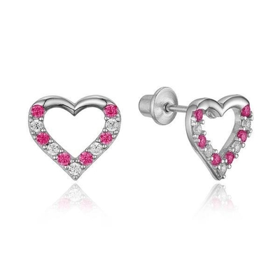 Micro Insert Heart Ricci d'orecchio a vite rosa per bambini in 925 sterling silver