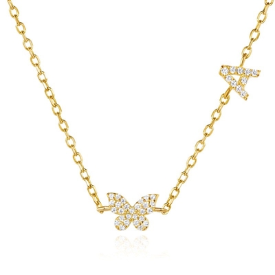 Collare Mini 18K Oro Bianco Micron Pave CZ Butterfly 925 Pendente d'Argento Sterling
