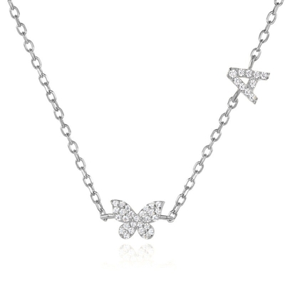 Collare Mini 18K Oro Bianco Micron Pave CZ Butterfly 925 Pendente d'Argento Sterling