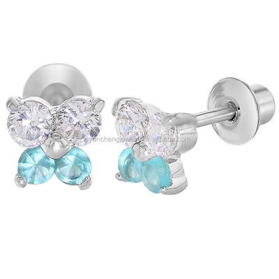 Blu farfalla e chiaramente CZ orecchini per bambini personalizzati 925 Sterling Silver
