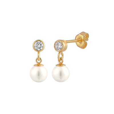 Confezionamento a base di bezel CZ Stud Orecchino Perla Bianca 925 Sterling Silver Drop Orecchino