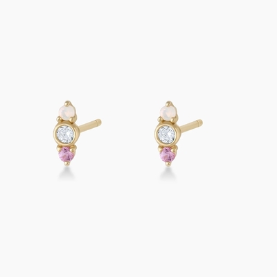 Opale bianco e zaffiro rosa orecchini CZ Stud Tre pietra cubica Zirconia Studs