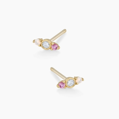 Opale bianco e zaffiro rosa orecchini CZ Stud Tre pietra cubica Zirconia Studs