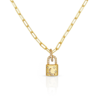 18K Gold Medallion Pendant Pave White CZ Link Chain Necklace per il fidanzamento