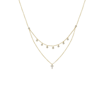 Due strati di bezzello Set Croce Diamante Pendente Rhodium Gold Plated Catena Collare
