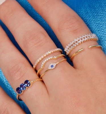 Classic Style Mini Pave Ring con Occhio Diamante e Zaffiro Blu in 925 Sterling Silver