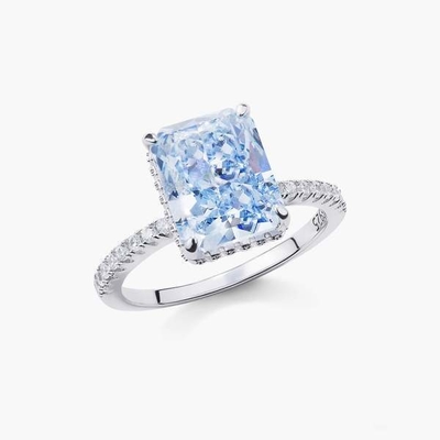Baguette Placcata d'argento Blu Diamante 5A Taglio sul ghiaccio CZ Anello di fidanzamento per donne 925 Sterling Silver