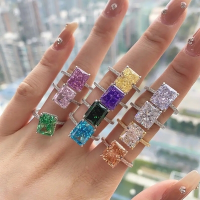 Baguette Placcata d'argento Blu Diamante 5A Taglio sul ghiaccio CZ Anello di fidanzamento per donne 925 Sterling Silver