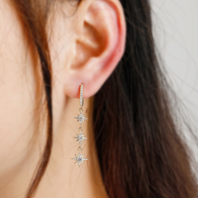 Ricoperto d'oro 925 argento brasiliano Starburst Long Dangle Hoop orecchini per donne