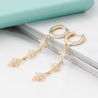 Ricoperto d'oro 925 argento brasiliano Starburst Long Dangle Hoop orecchini per donne