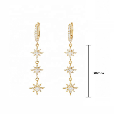 Ricoperto d'oro 925 argento brasiliano Starburst Long Dangle Hoop orecchini per donne