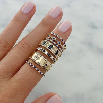 Azzurro Zaffiro Bianco CZ Occhio Donne Eternità Banda di ottone Eternità Anello Per Donne