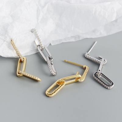 Retro Paperclip Rectangle Chain Orecchini in 925 Sterling Silver per la serata delle signore