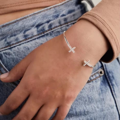 Pave Incrustato Cristallo Zircon 925 Sterling Argento Bracciale Croce Manetta 18K Oro Bracciale