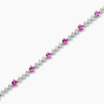 Braccialetto da tennis in rubino e zircone bianco da 3 mm, taglio rotondo, braccialetto da tennis in argento sterling