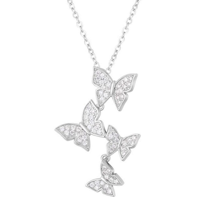 925 Sterling Silver White Gold Plated Micron Pave 4 Butterflies Charm Pendant Per Donne