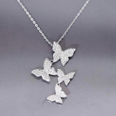 925 Sterling Silver White Gold Plated Micron Pave 4 Butterflies Charm Pendant Per Donne