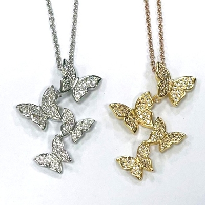 925 Sterling Silver White Gold Plated Micron Pave 4 Butterflies Charm Pendant Per Donne