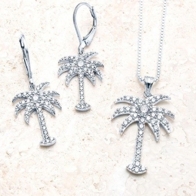 925 Sterling Silver Women'S Drop Earrings Con Disegno Di Palma E Zircon Bianco CZ Diamante