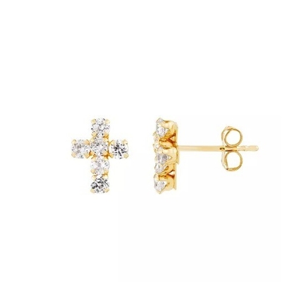 925 Sterling Silver White Cubic Zirconia Cross Button Stud Earrings con 18K Gold Plating