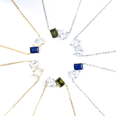 Vendita calda 925 Cushion in argento tagliato zaffiro e rettangolo tagliato bianco zircone colore blocco zirconia doppia pietra pendenti collane