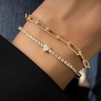 Bracciale tennis a cuore placcato oro 14K in argento sterling 925 con zirconi