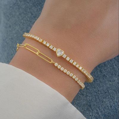 Bracciale tennis a cuore placcato oro 14K in argento sterling 925 con zirconi