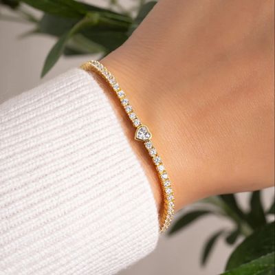 Bracciale tennis a cuore placcato oro 14K in argento sterling 925 con zirconi