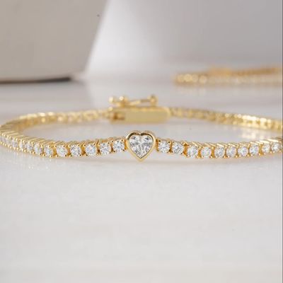 Bracciale tennis a cuore placcato oro 14K in argento sterling 925 con zirconi