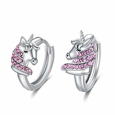 925 Sterling Silver Unicorn Huggie orecchini 16mm Rosa CZ per bambini