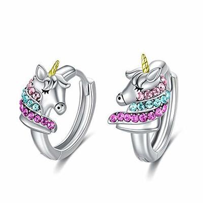 925 Sterling Silver Unicorn Huggie orecchini 16mm Rosa CZ per bambini