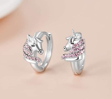 925 Sterling Silver Unicorn Huggie orecchini 16mm Rosa CZ per bambini