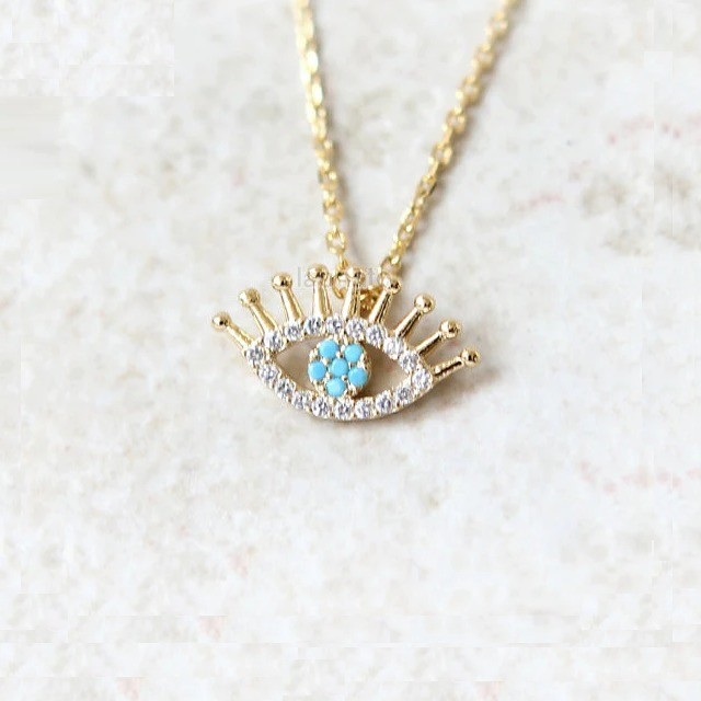 925 Sterling Silver Micro Pave Clear CZ e Turchese Evils Occhi Pendente Colletto Colletti