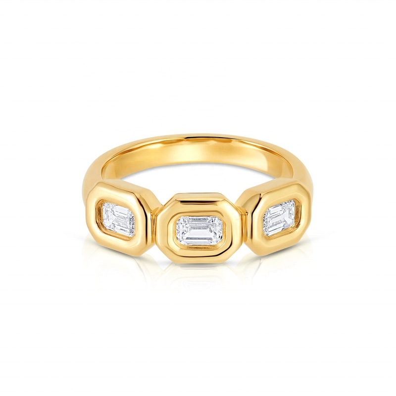 Anello triplo di smeraldo d'argento fatto a mano con pietra di zircone AAA e cornice in oro 14K