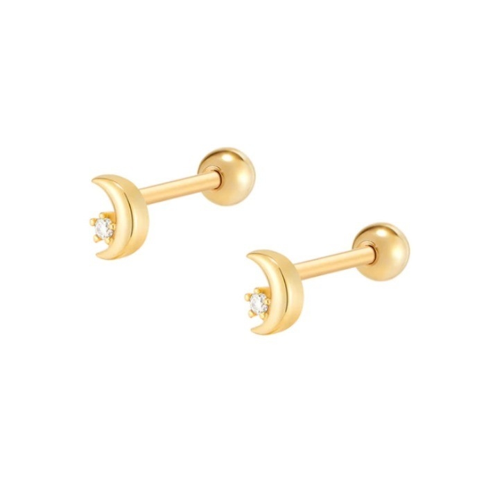 925 Sterling Silver Tiny CZ Moon Piercing Stud Orecchino con chiusura a vite a sfera