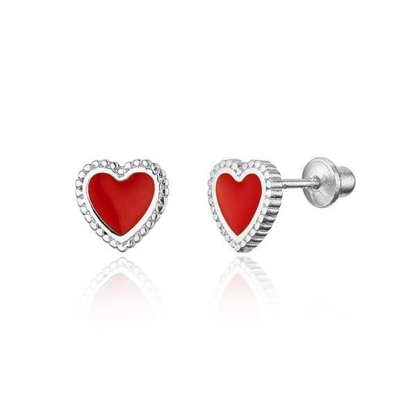 Orecchini per bambini in argento sterling 925 con cuore di smalto rosso